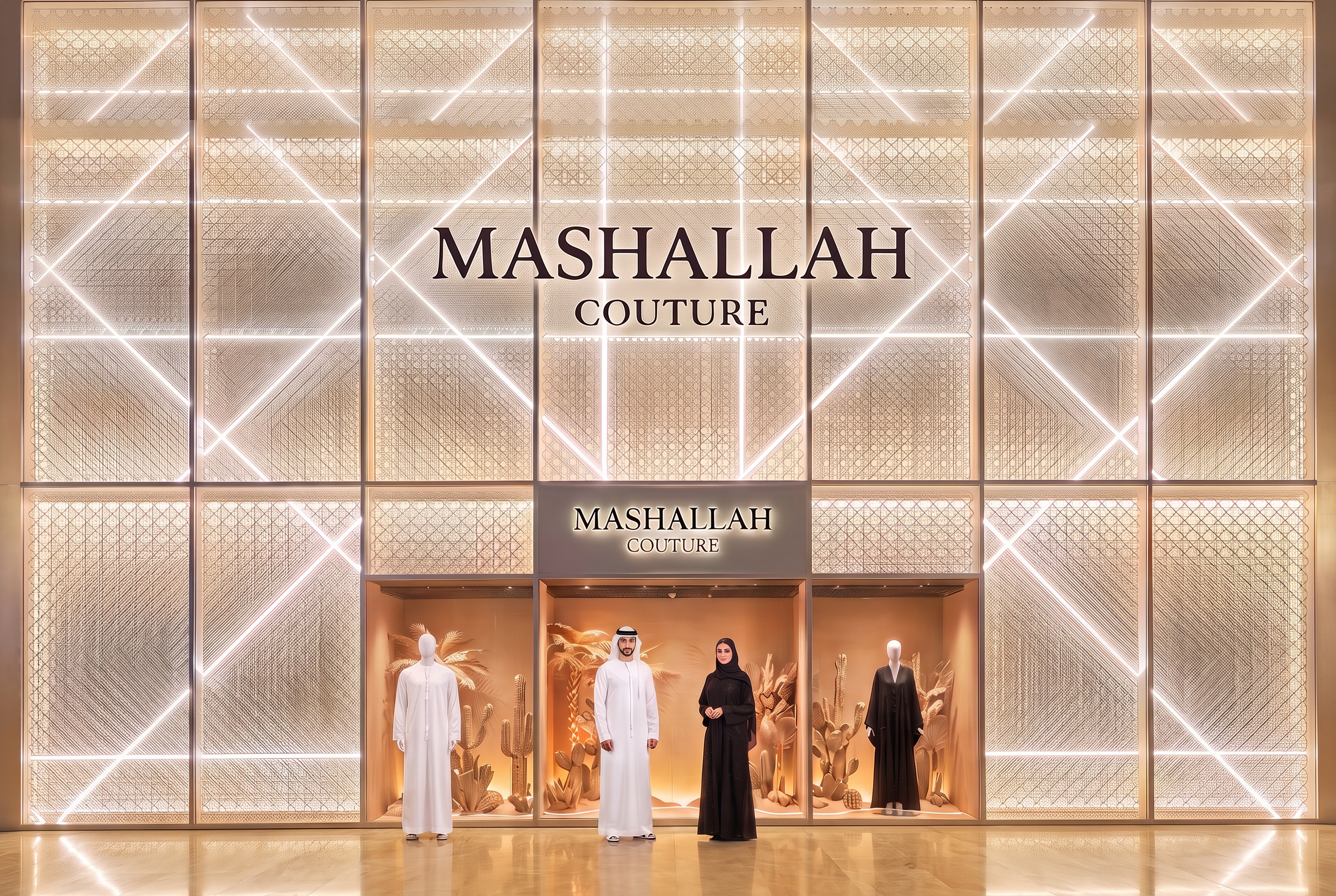 Mashallah Couture illuminated facade with a man in traditional white Kandura, a woman in black Abaya, and two mannequins in a clean window display