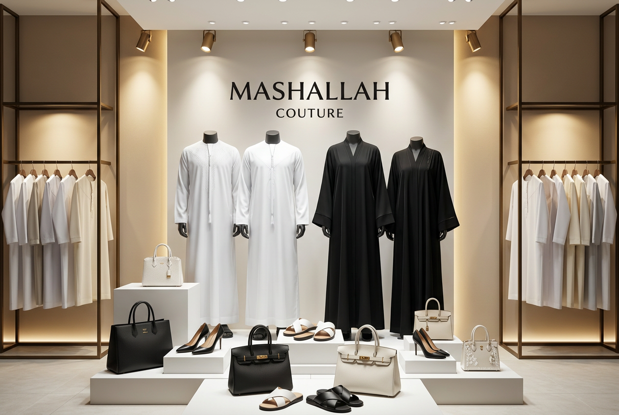 Mashallah Couture boutique collection: white Kandura, black Abaya, leather sandals, heels and bags